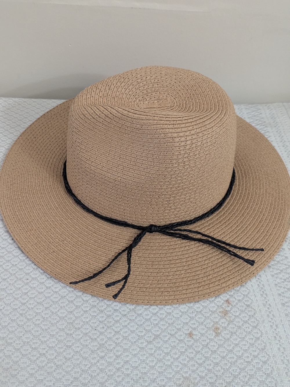 Wide Brim Sun Hat with Black Tie - Beige